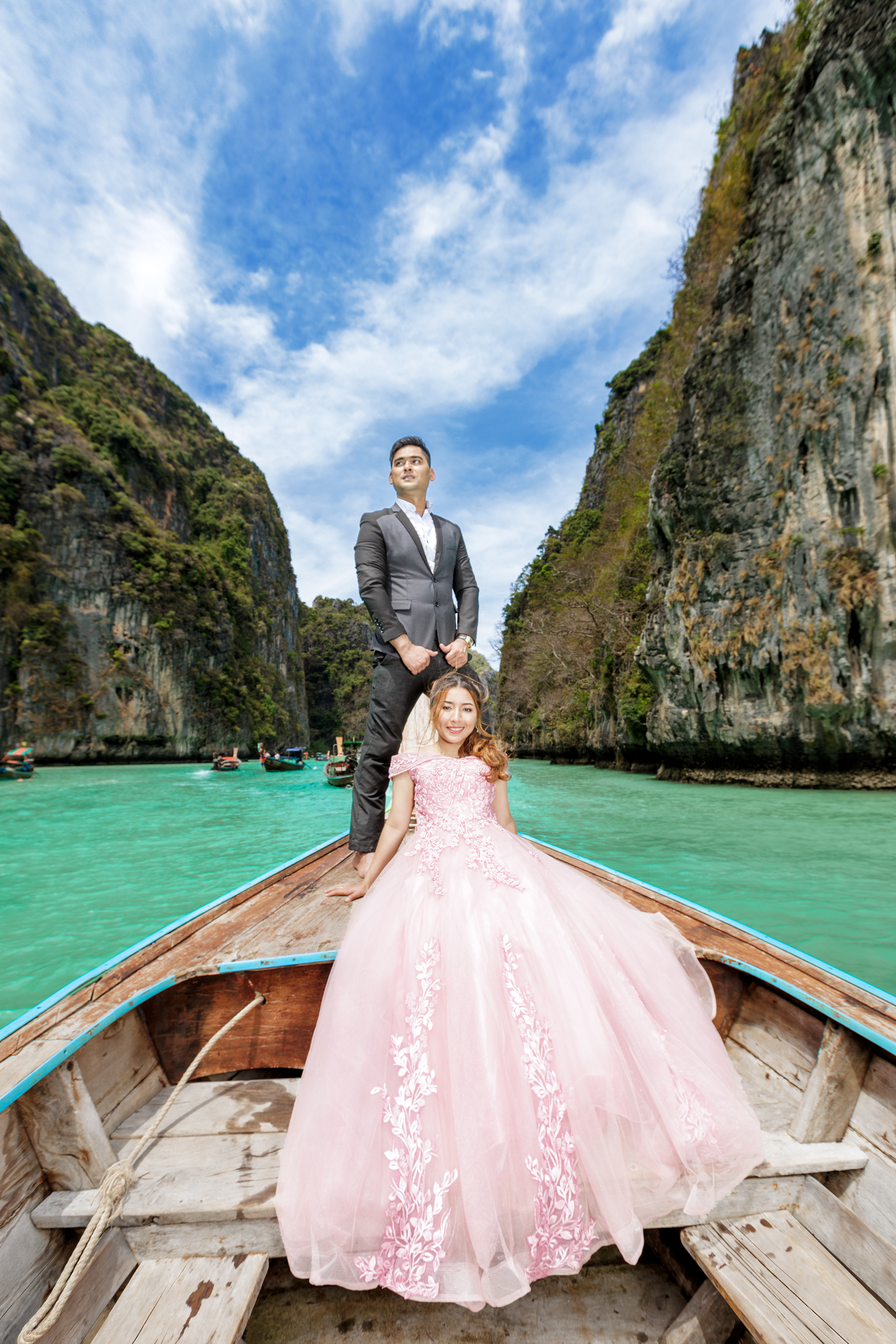 pre wedding photography on long tail boat at phi phi island krabi
