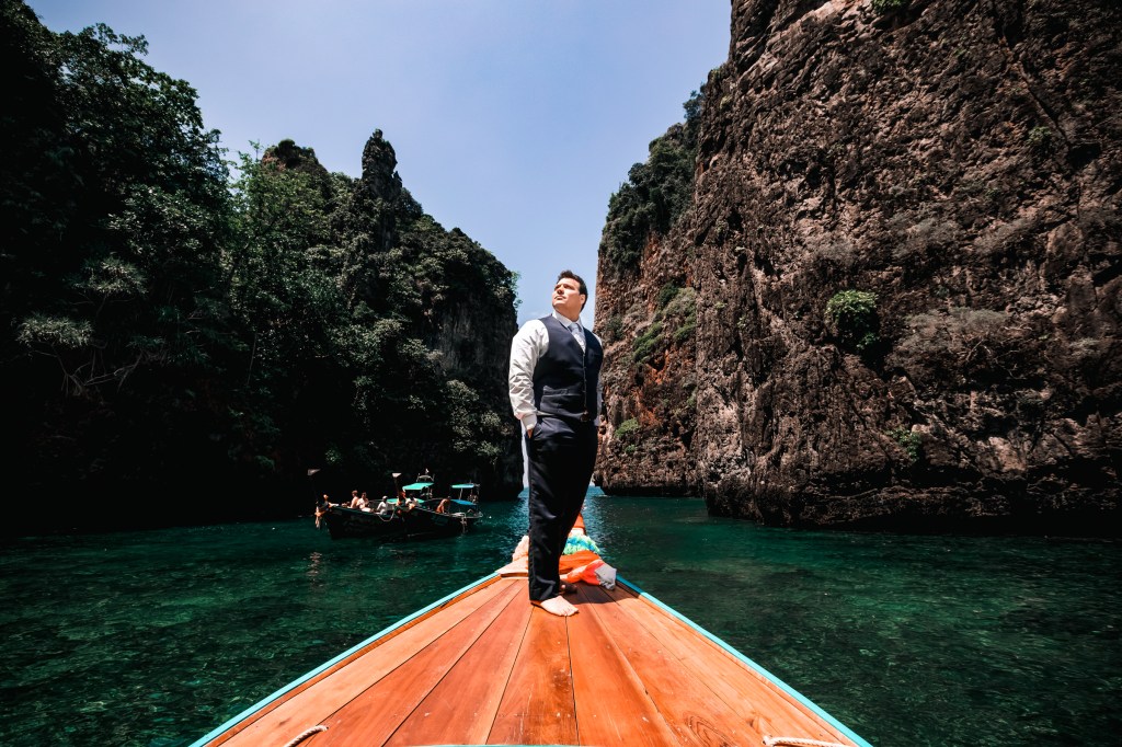 pre wedding photography on long tail boat at phi phi island krabi